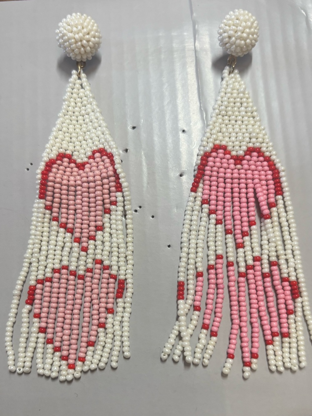White & Pink Beaded Heart Fringe Earrings